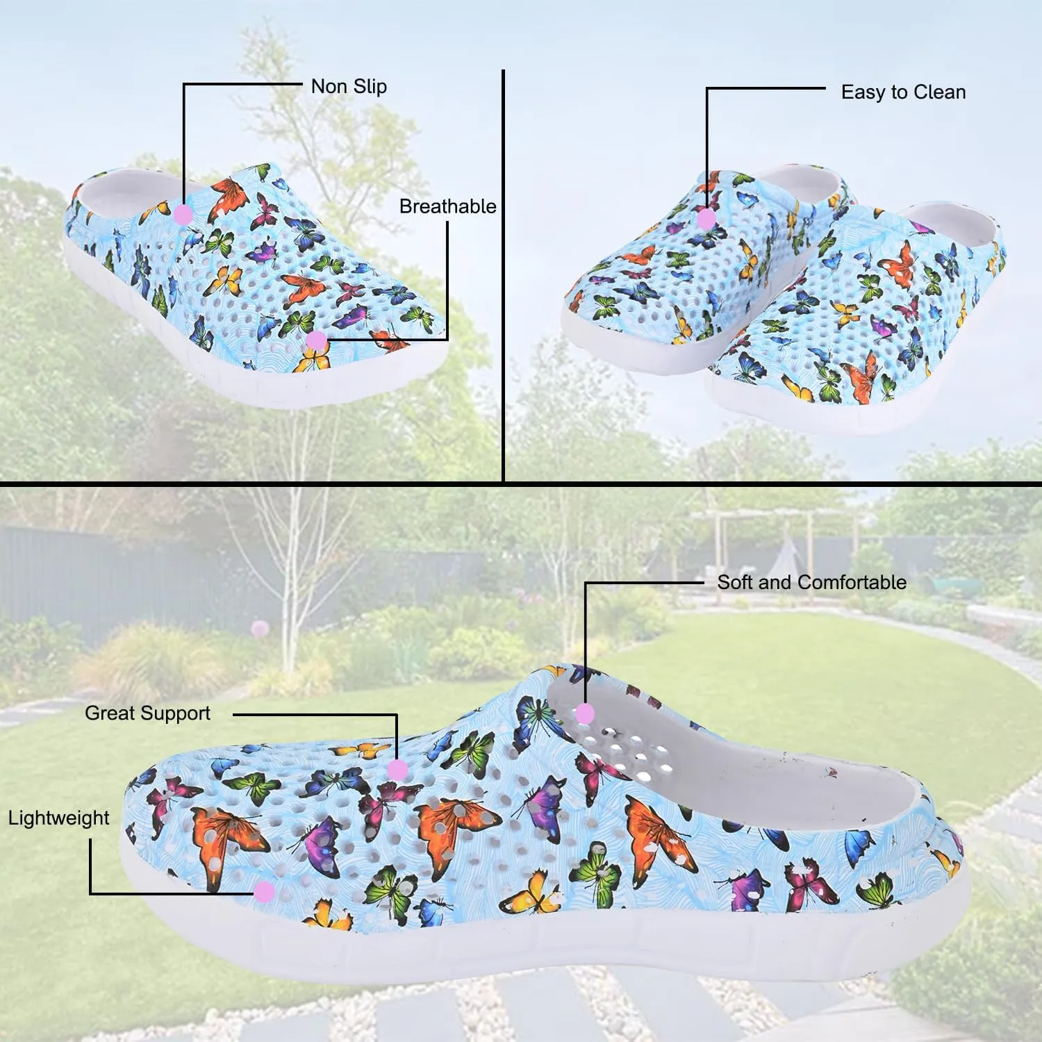 Comfort Trends Slip-On Casual Medical EVA Clogs, Colorful Butterfly Womens' Comfort Ventilated Breathable Everyday Shoes Garden EVA Clogs