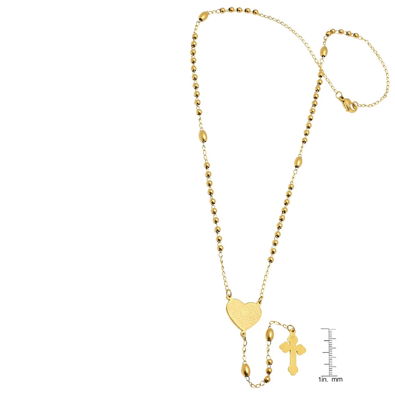 SteelTime Women's Stainless Steel Our Father Prayer Heart Rosary Necklace